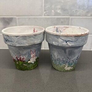 Set of 2 Small Hand Painted Plant Flower Pots With Bunnies